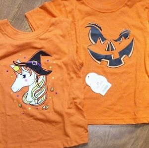 2 Cute Toddler Halloween Tshirts Both SAME* size Unicorn Witch & Jack O Lantern